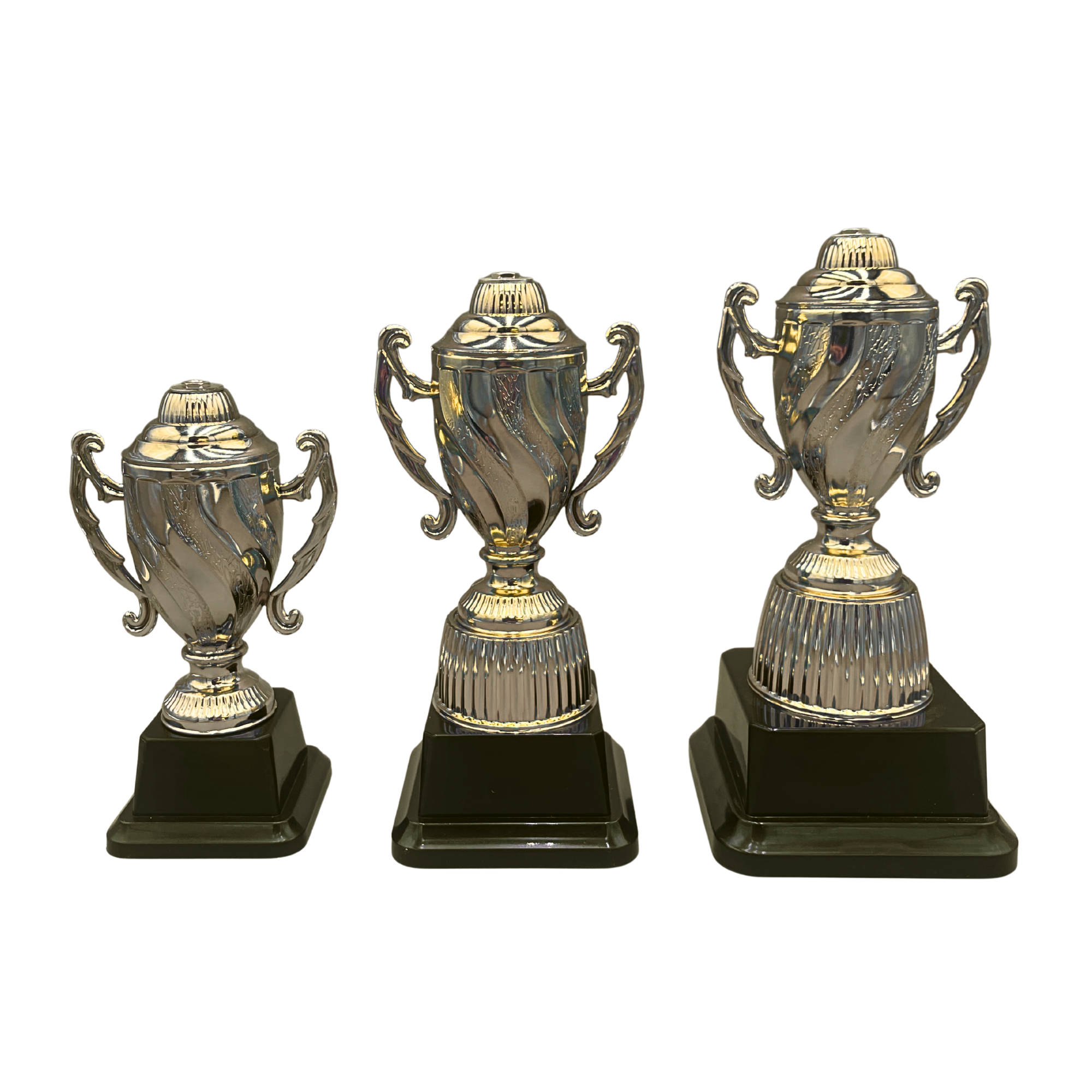 Gold Trophy Cup with Swirl Pattern on Black Base in 3 Sizes