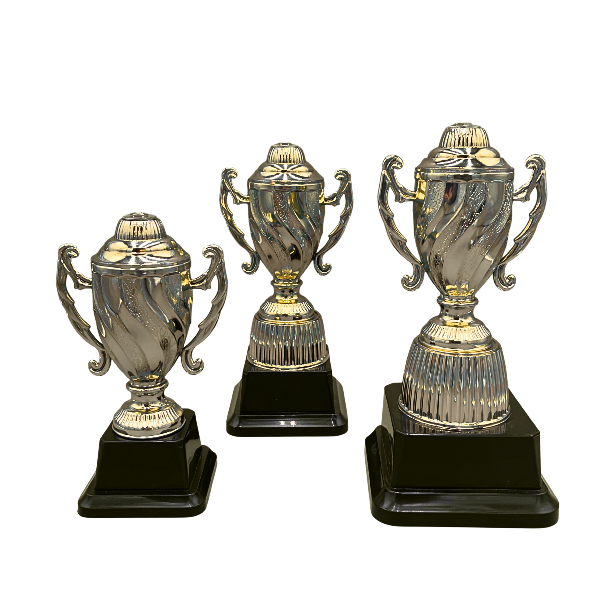 Gold Trophy Cup with Swirl Pattern on Black Base in 3 Sizes