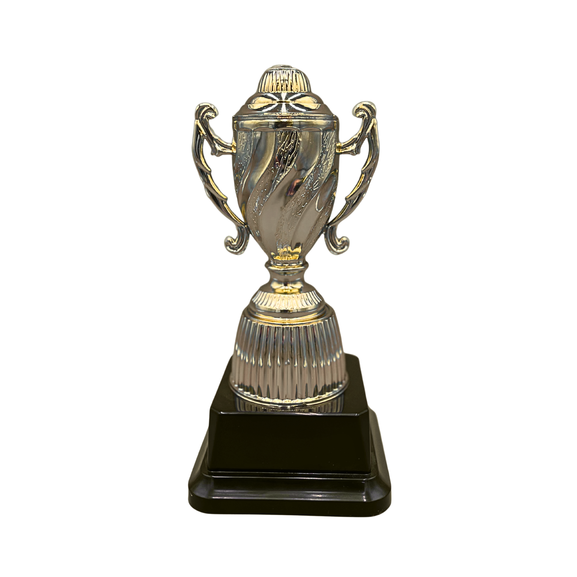 Gold Trophy Cup with Swirl Pattern on Black Base in 3 Sizes
