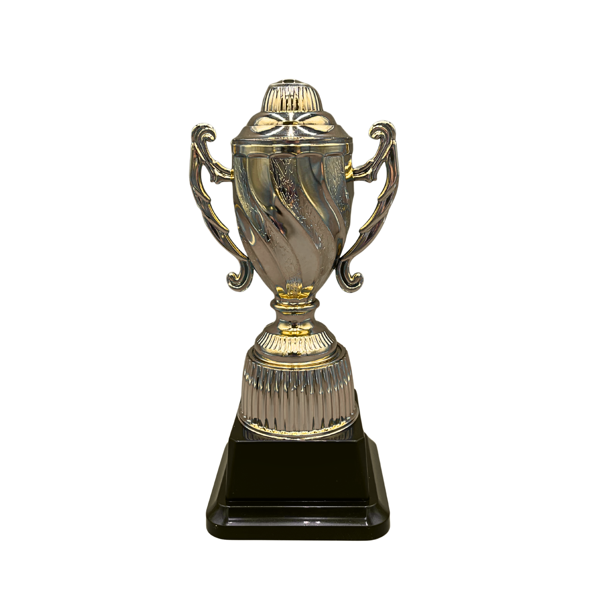 Gold Trophy Cup with Swirl Pattern on Black Base in 3 Sizes