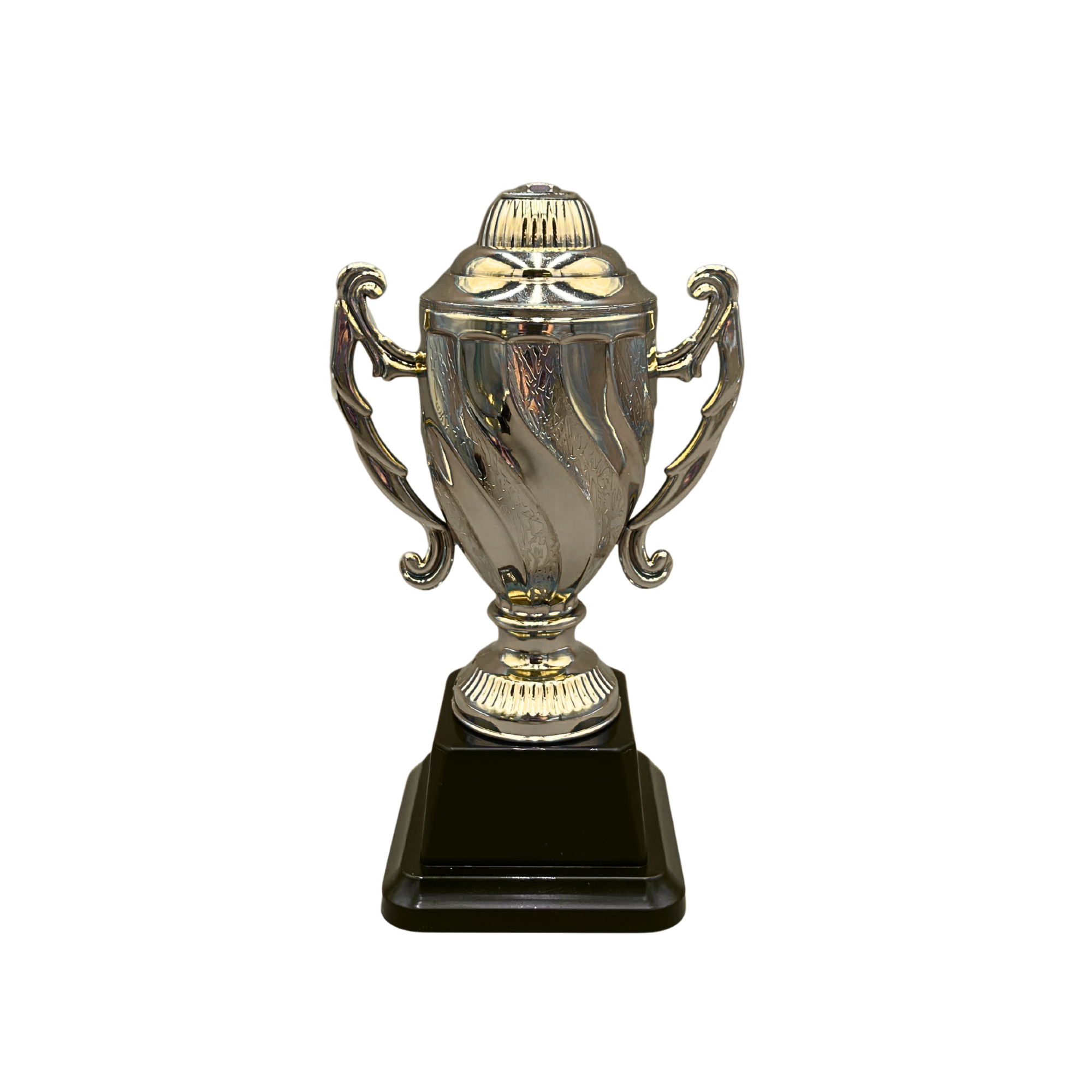 Gold Trophy Cup with Swirl Pattern on Black Base in 3 Sizes