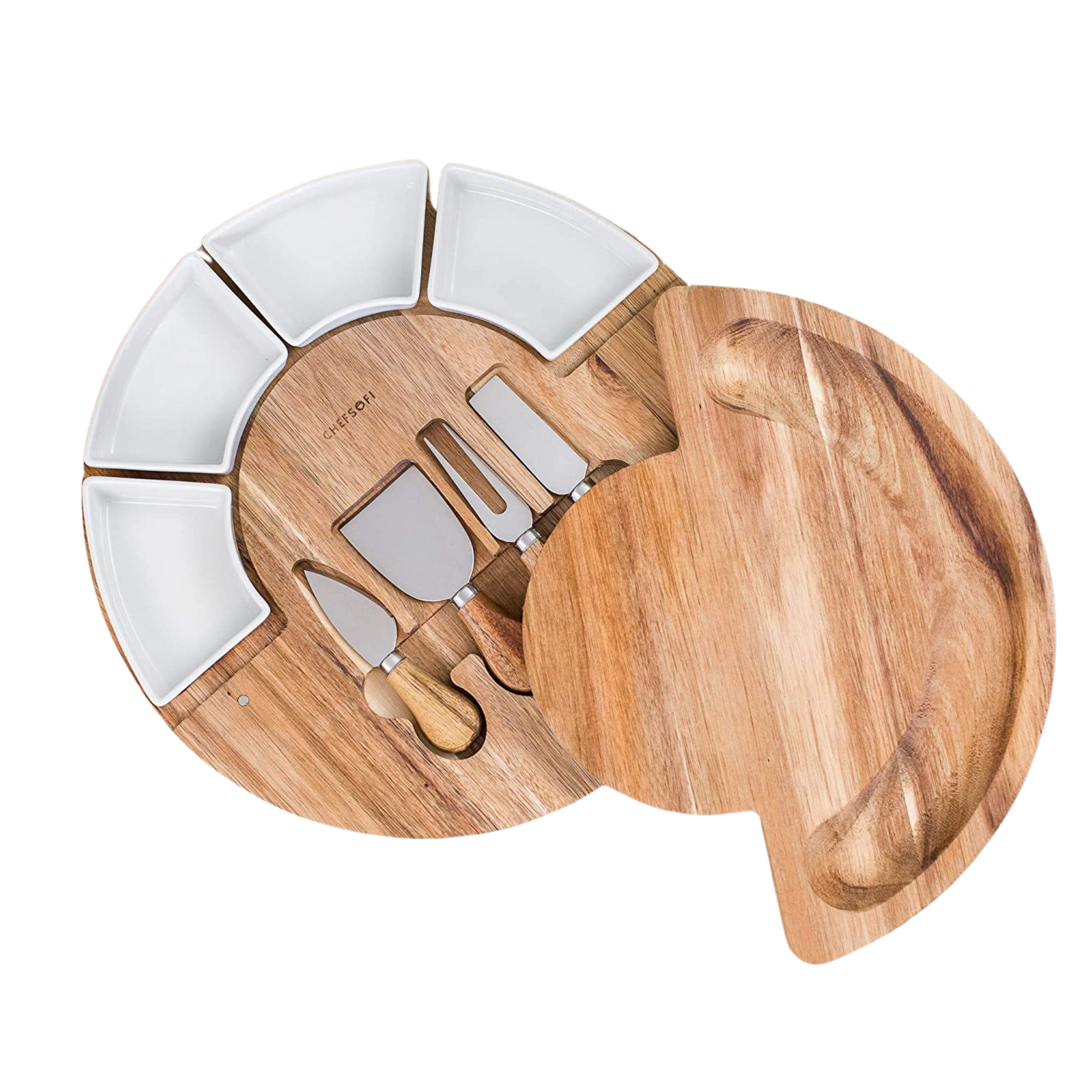 13" Acacia Wood Charcuterie Set/ Cutting Board with 4 Ceramic Serving Bowls and 4 Piece Utensil Set (in hidden compartment)
