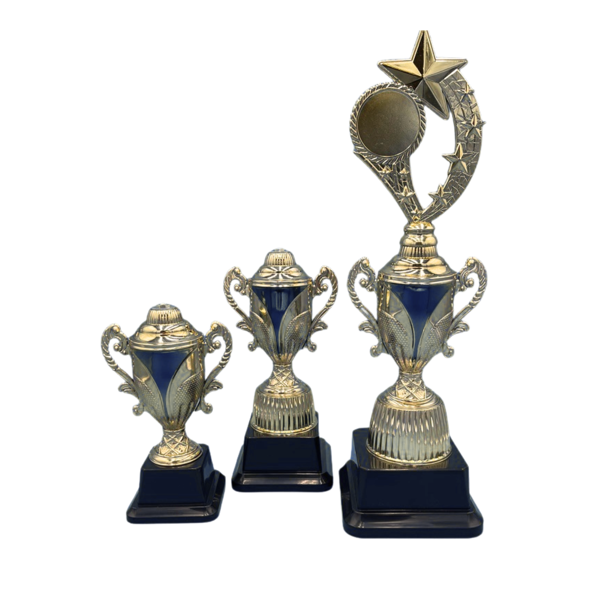 Gold Trophy Cup with Blue Accent in 3 Sizes
