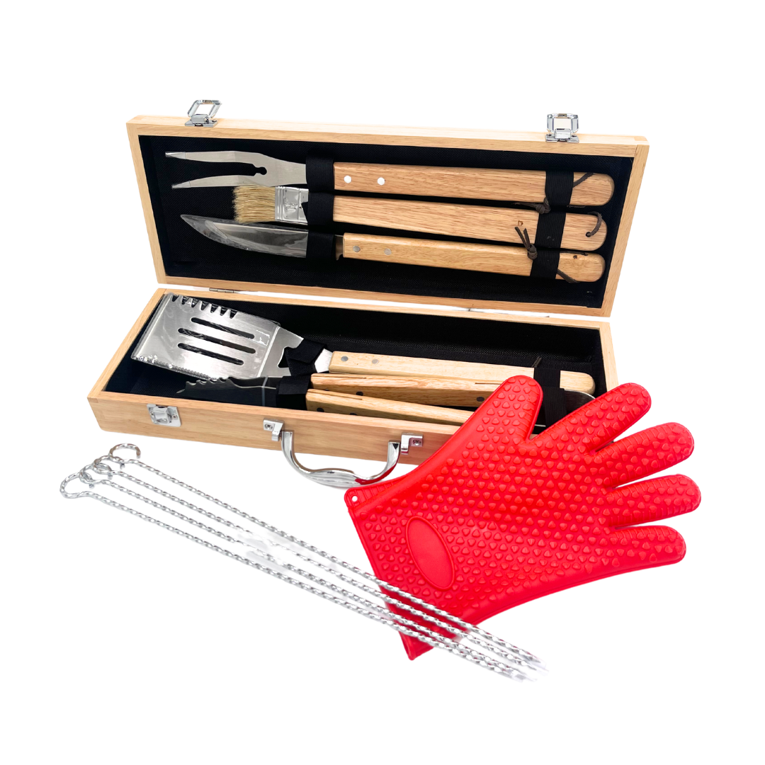 11 Piece BBQ Grill Set w/Wood Box