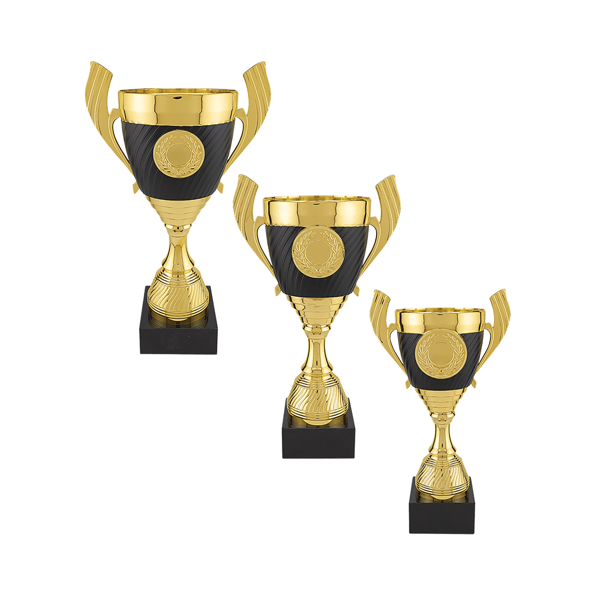 Gold & Black Completed Cup Trophy with Black Marble Base in 3 Sizes