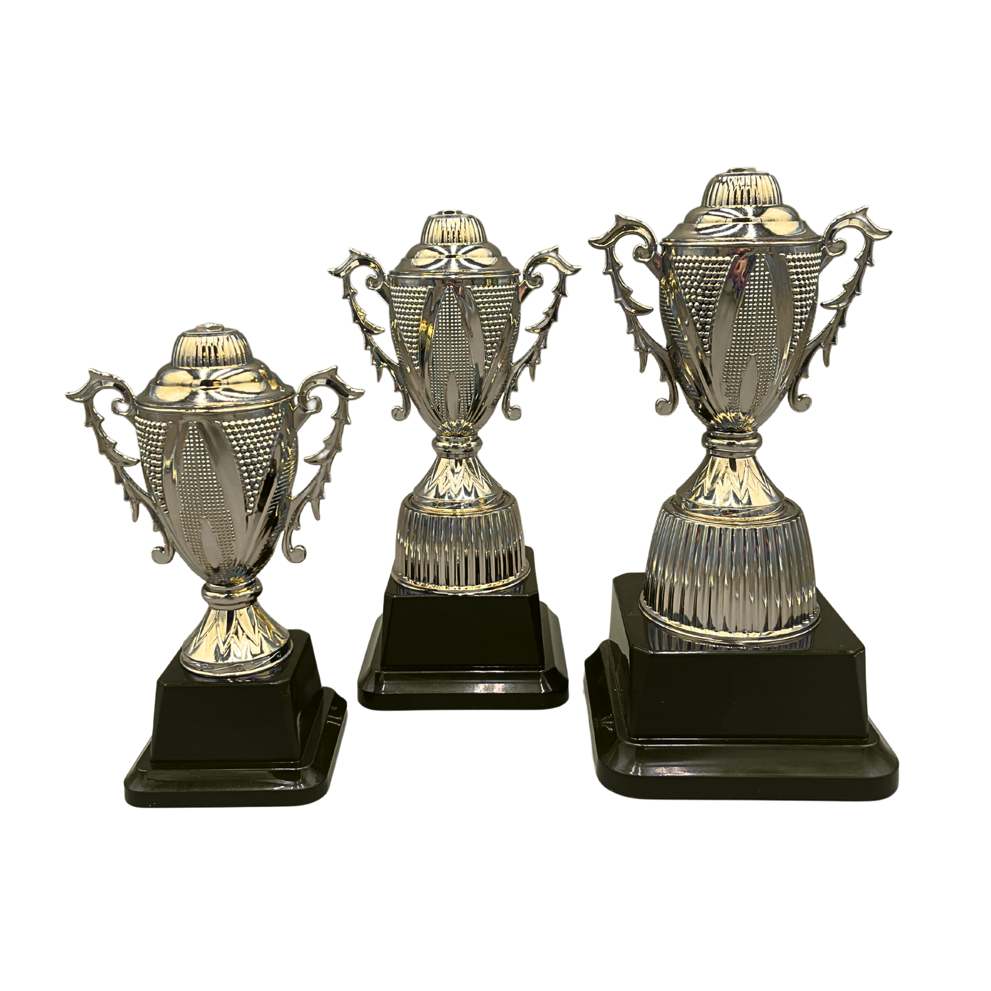 Gold Trophy Cup with Raised Pattern on Black Base in 3 Sizes