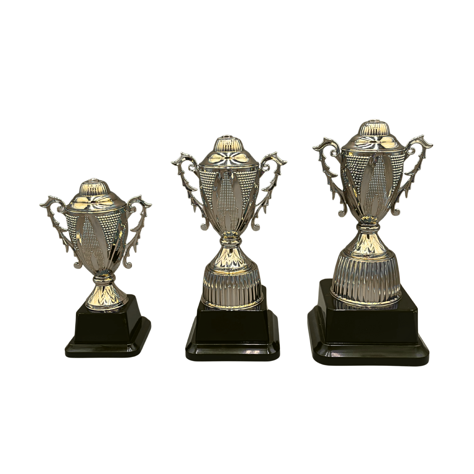 Gold Trophy Cup with Raised Pattern on Black Base in 3 Sizes