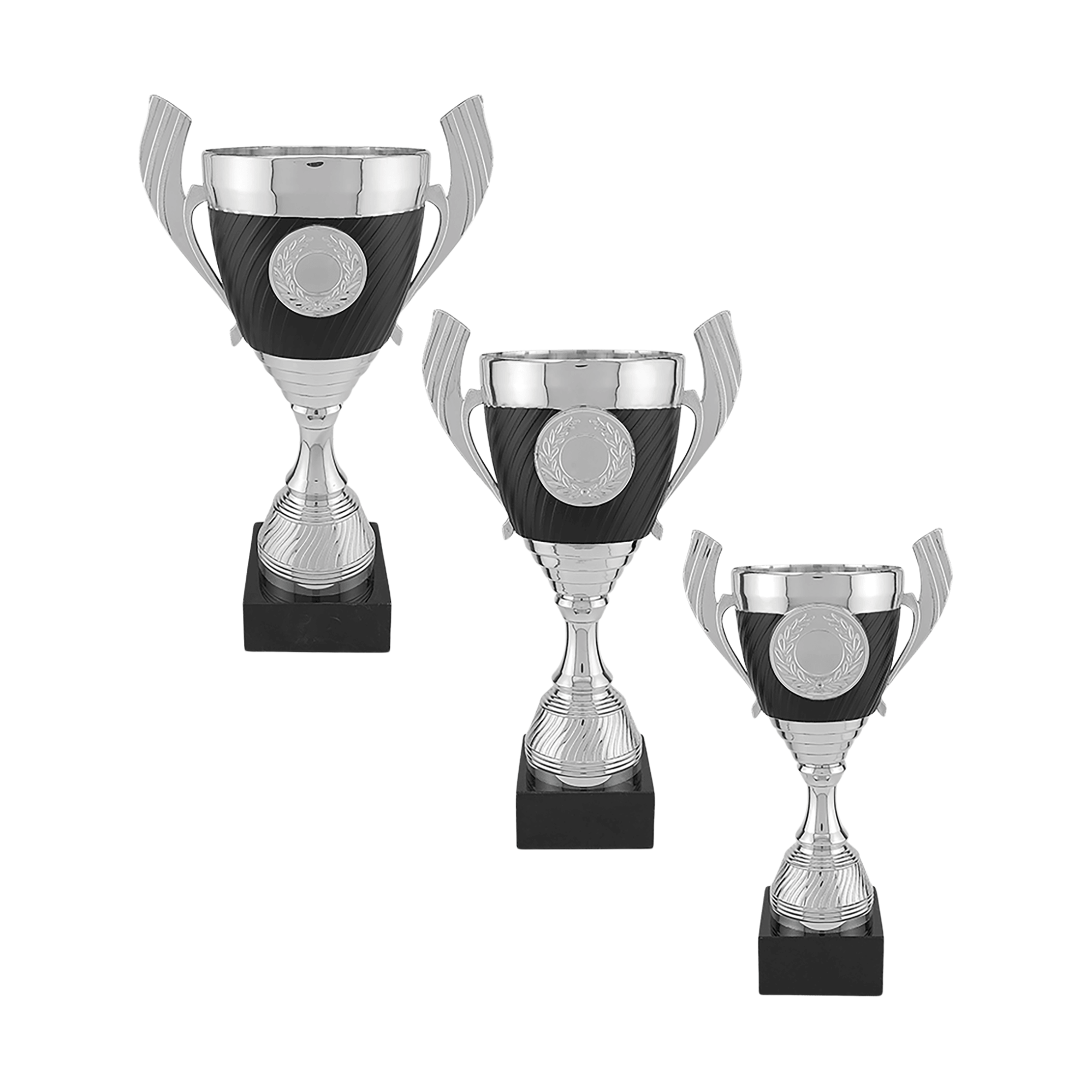 Silver & Black Completed Cup Trophy with Black Marble Base in 3 Sizes