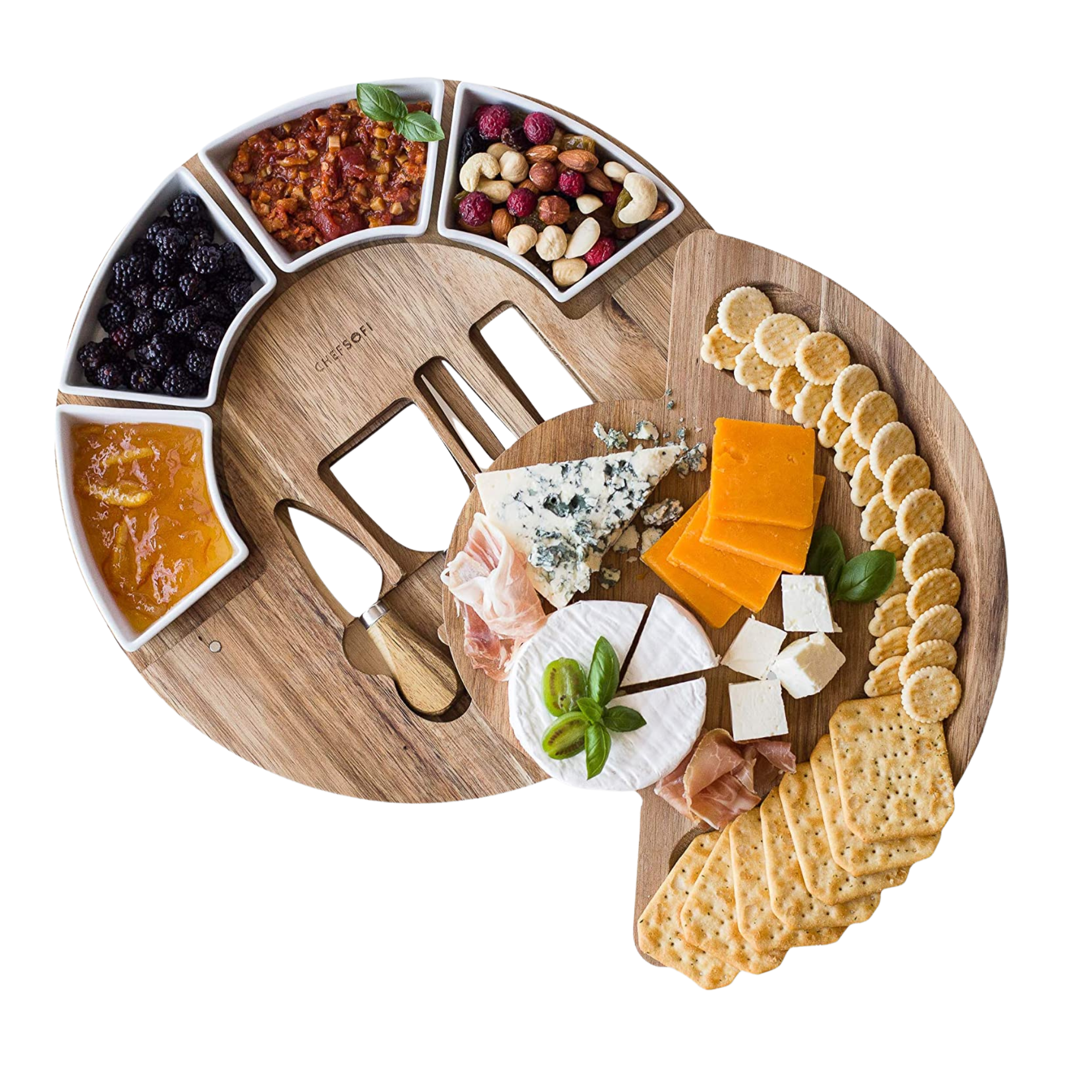 Acacia Charcuterie Cutting Board Set w/4 Ceramic Serving Bowls + 4 Utensils