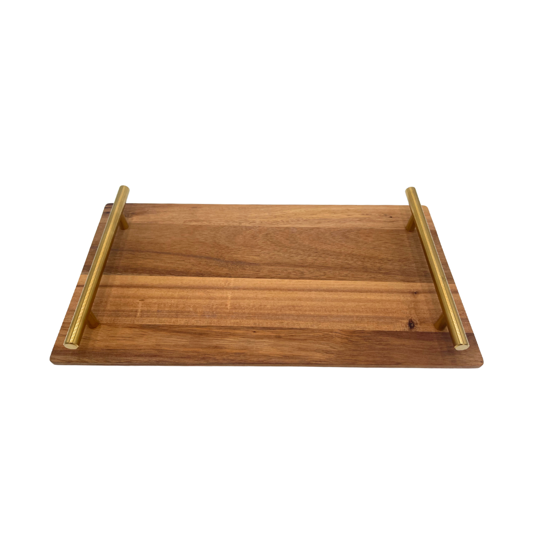 12" Serving Tray w/Gold Handles in Acacia Wood