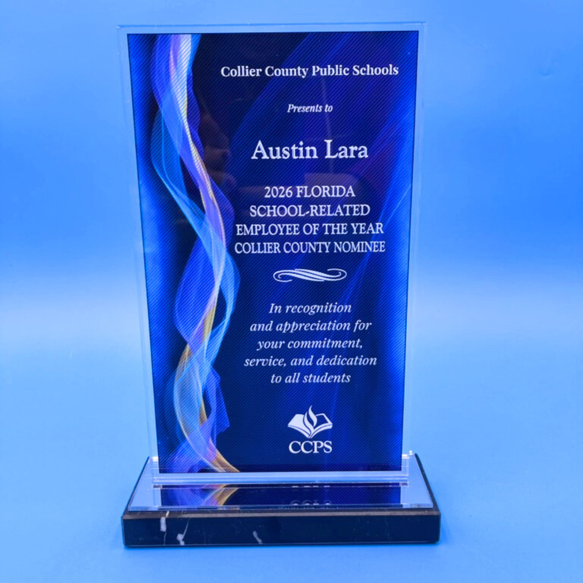 BLUE ILLUSION Award on Mirror and Black Marble Base