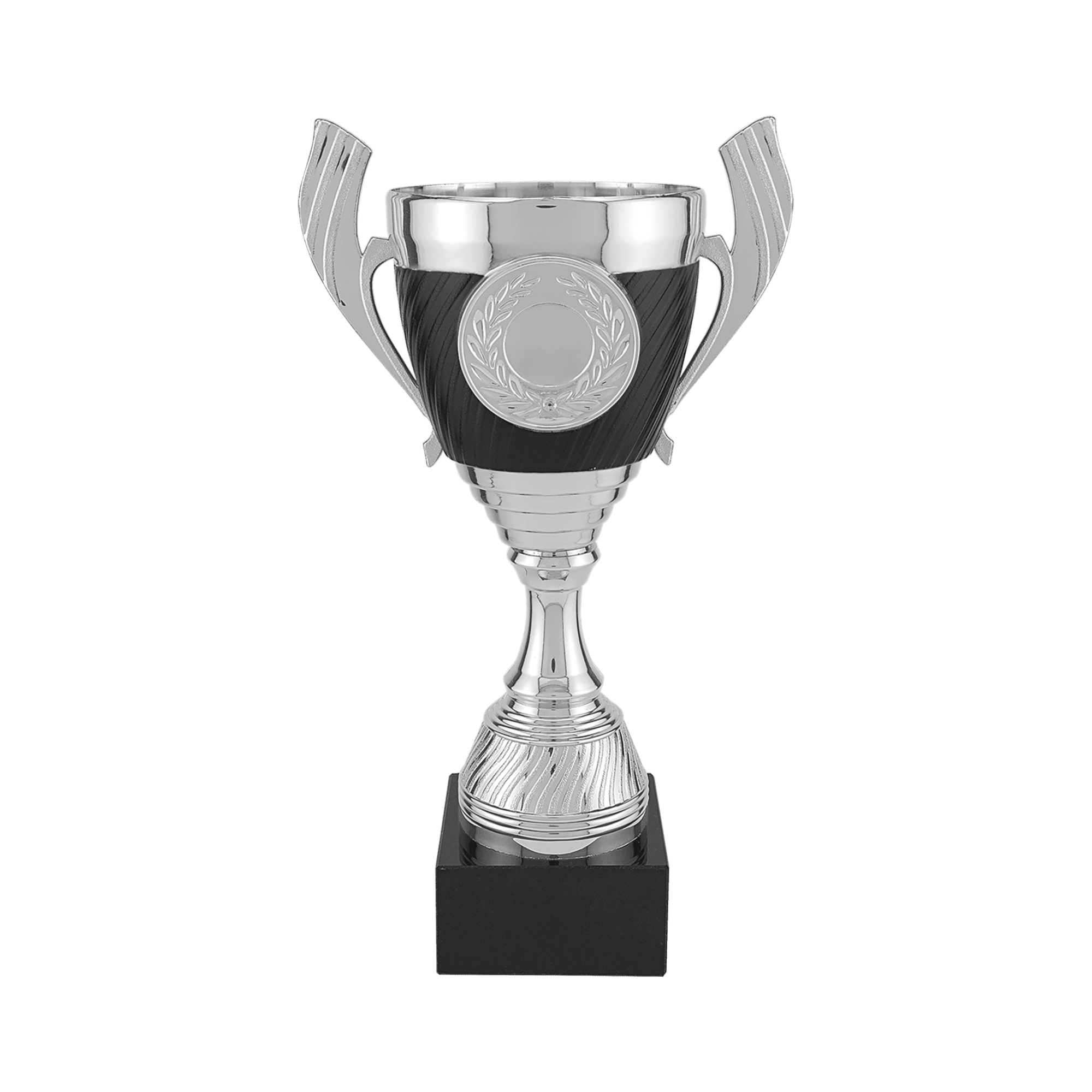 Silver & Black Completed Cup Trophy with Black Marble Base in 3 Sizes