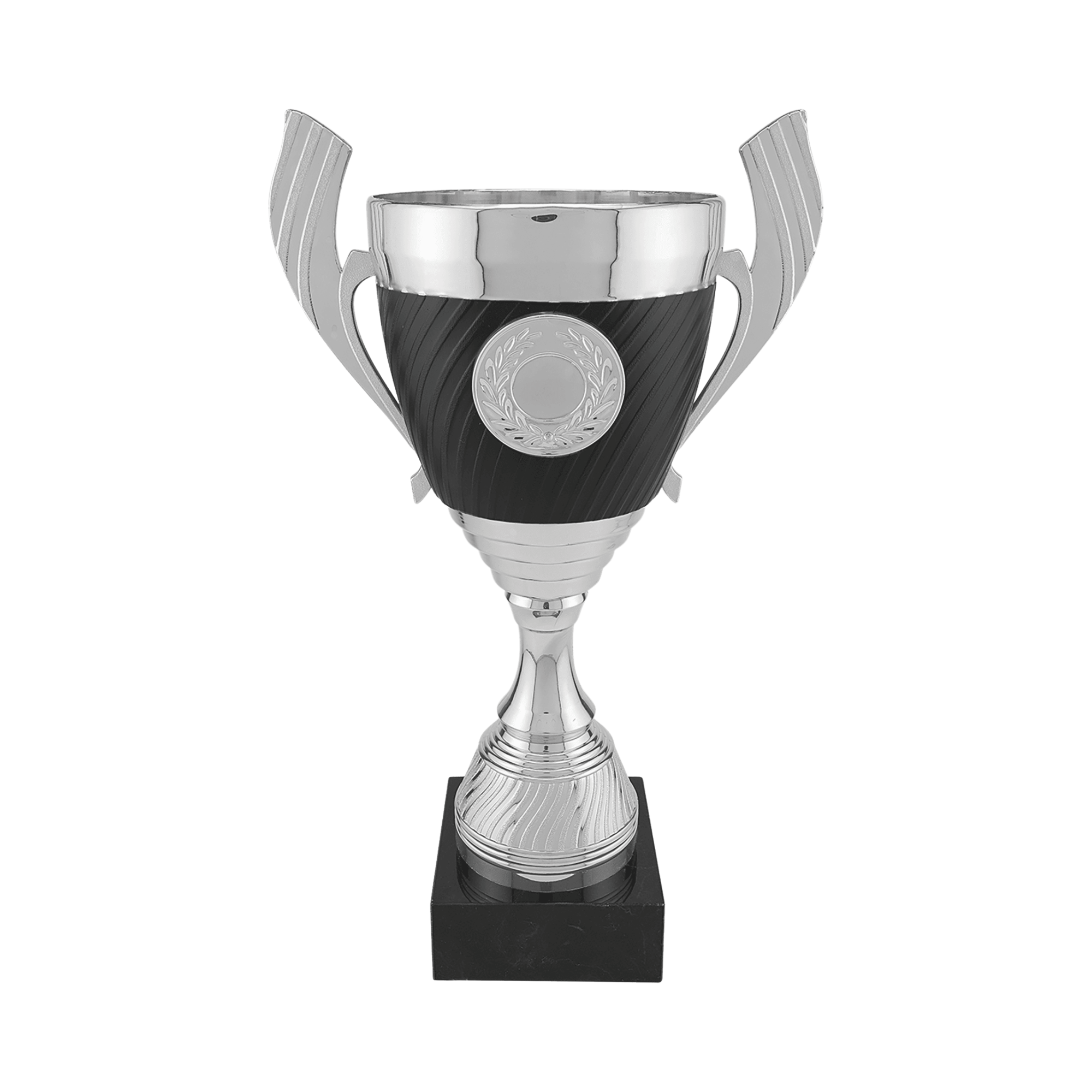 Silver & Black Completed Cup Trophy with Black Marble Base in 3 Sizes