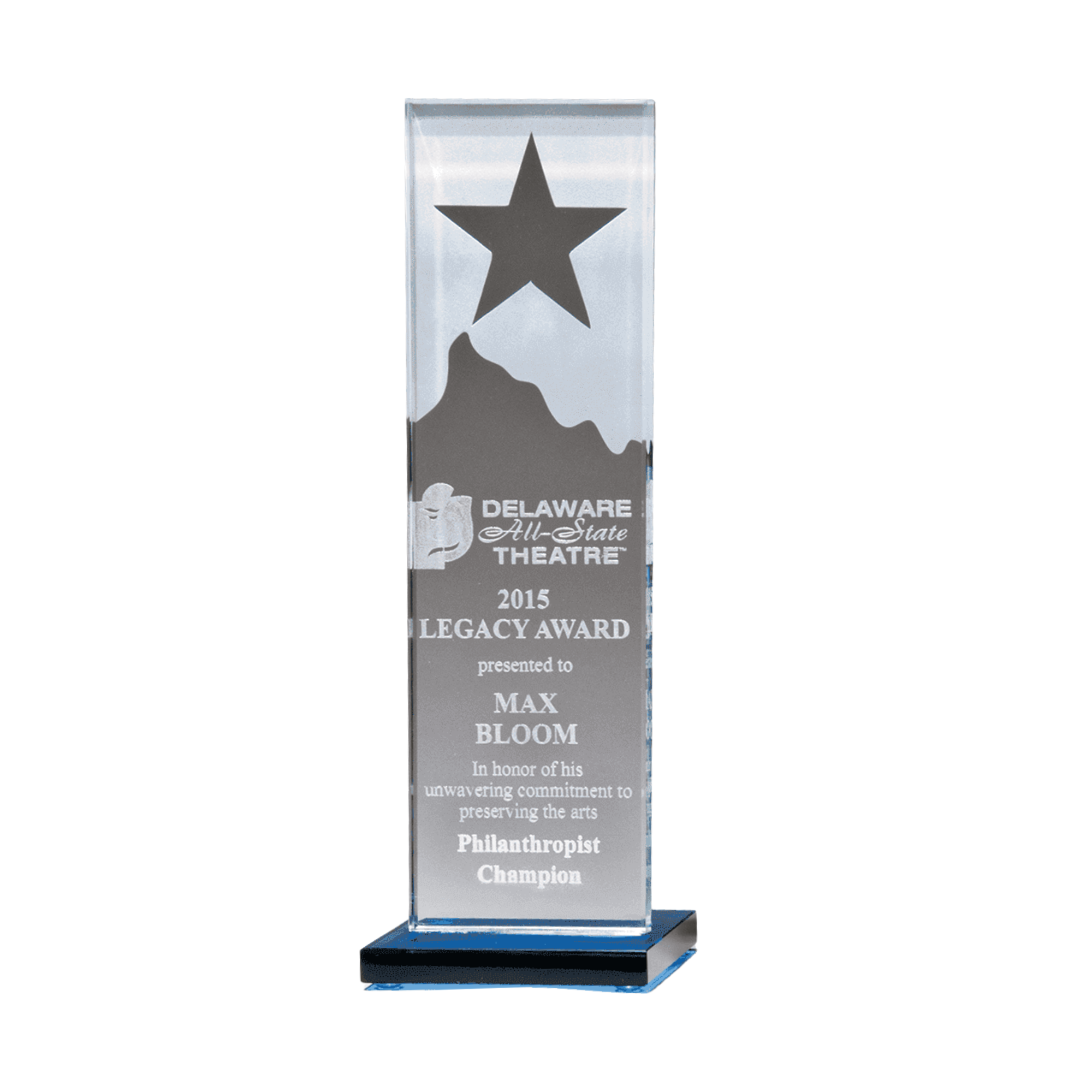 Etched Clear Glass Award with Star and Mountain Peak on Blue Glass Base
