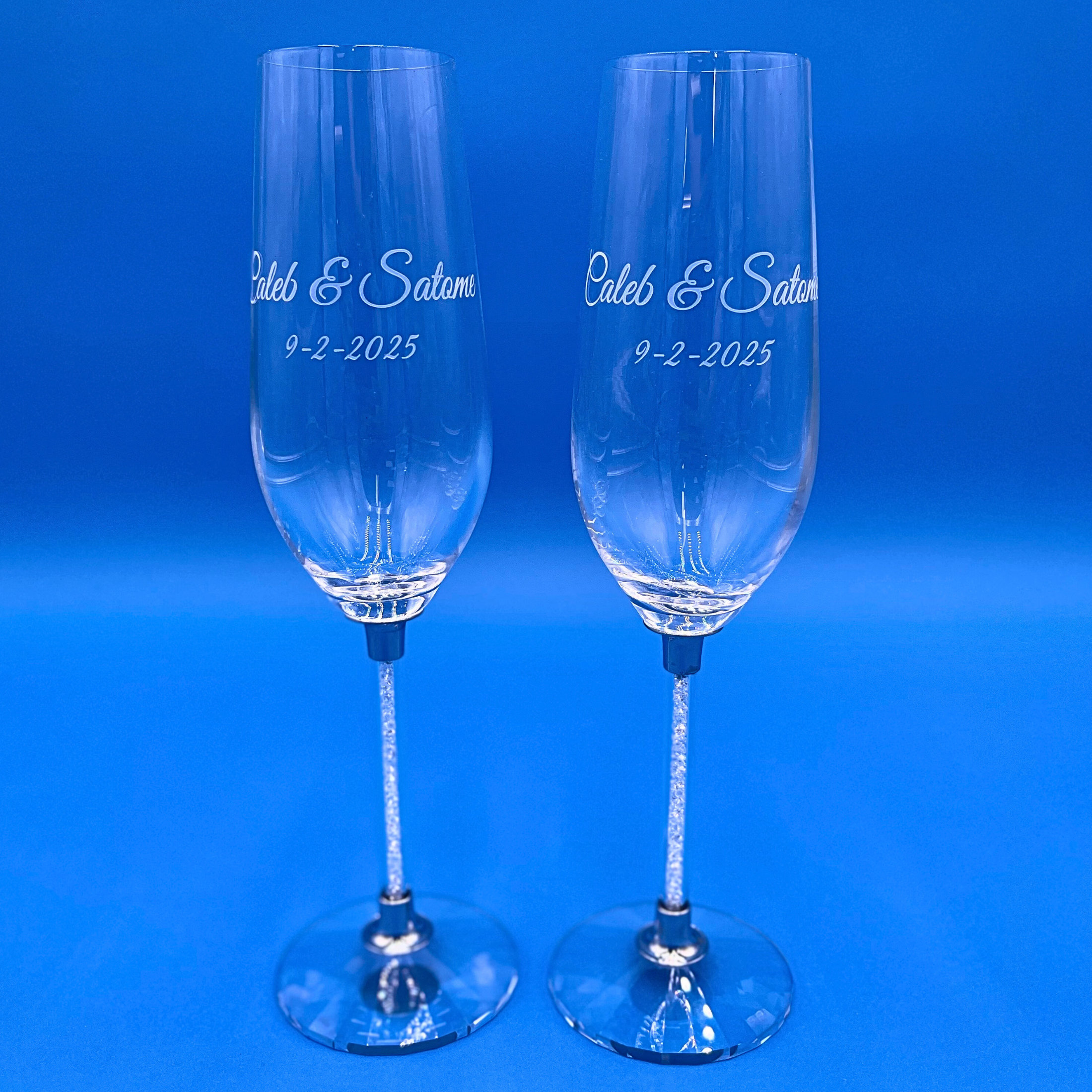Hand Blown Crystal Champagne Glasses with Silver or Gold Filled Stem