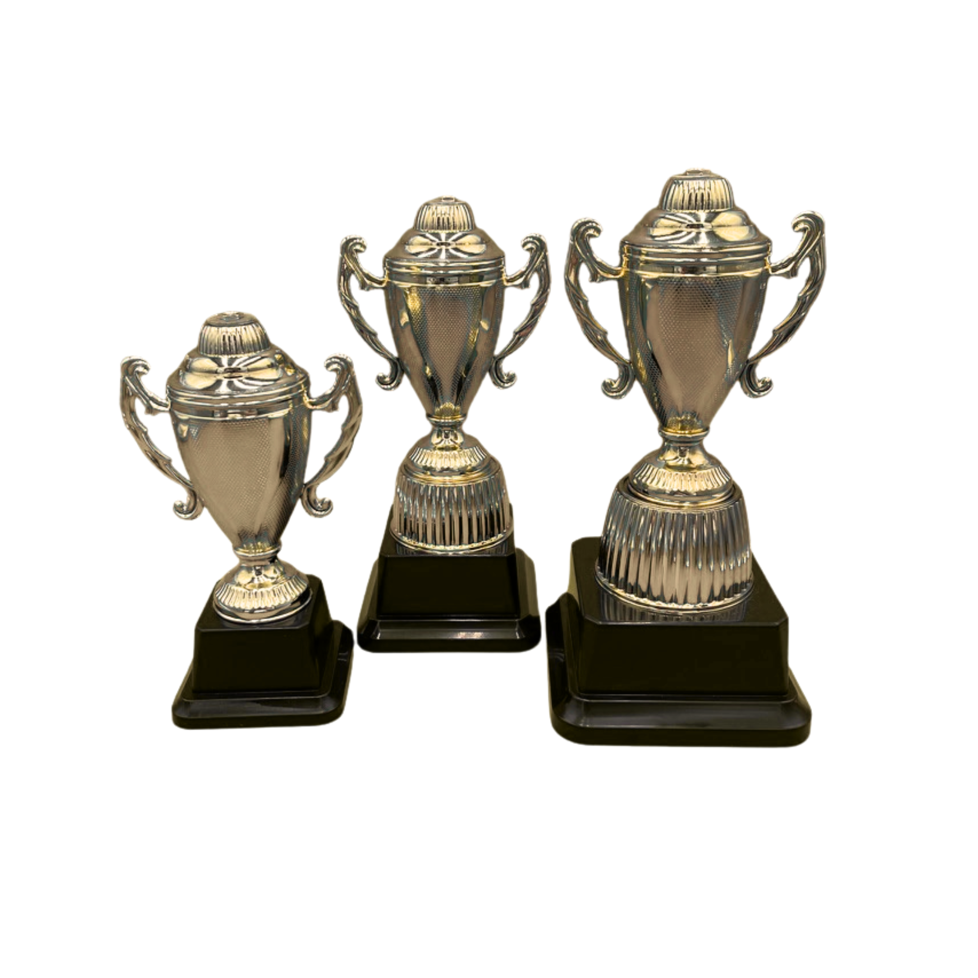 Gold Trophy Cup with Fine Texture on Black Base in 3 Sizes