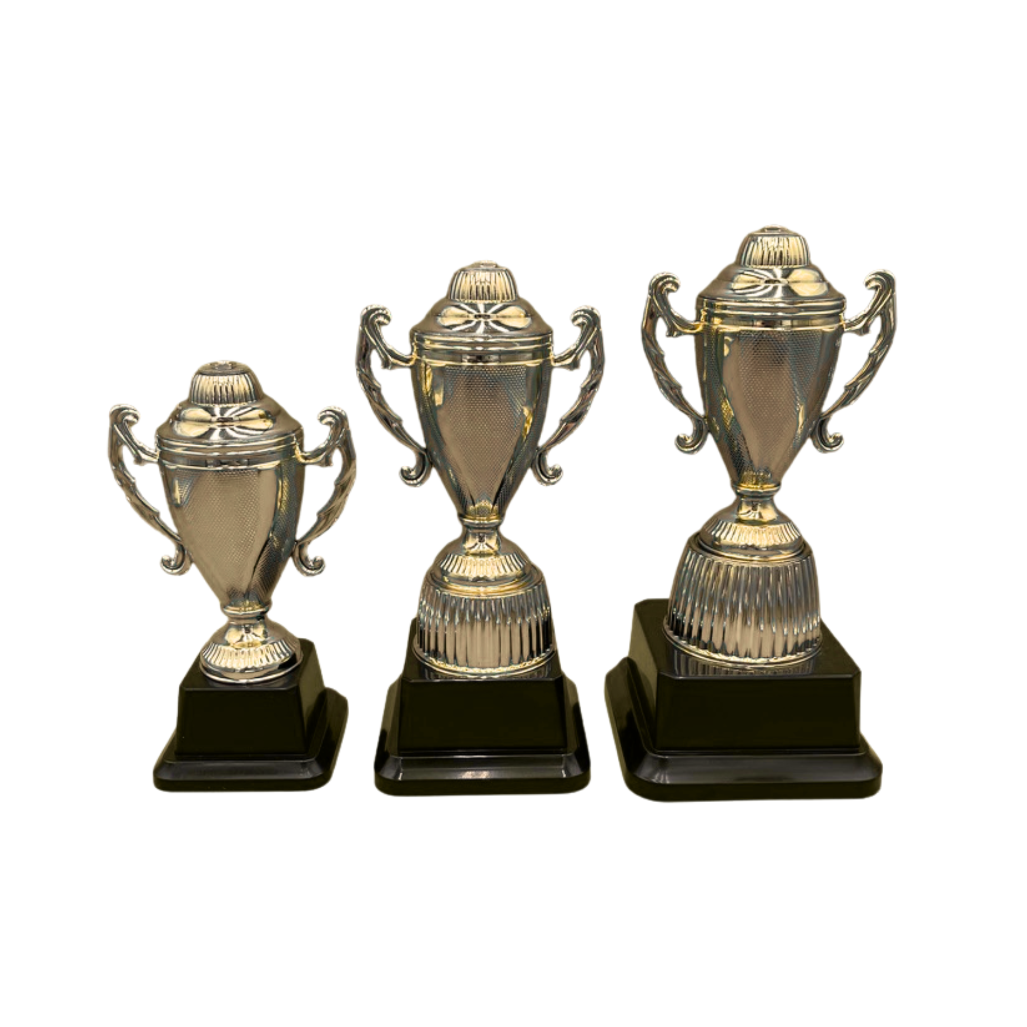 Gold Trophy Cup with Fine Texture on Black Base in 3 Sizes