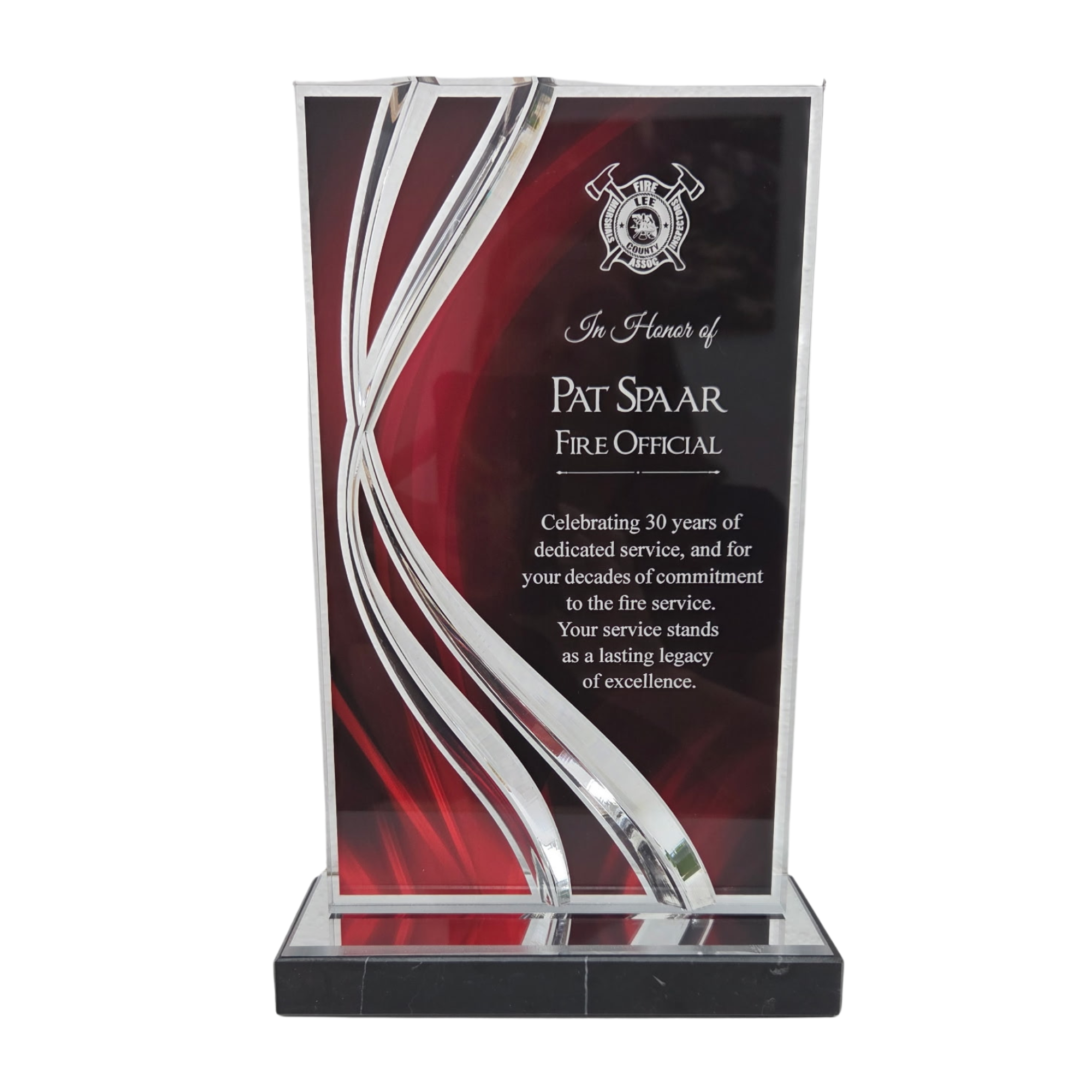 Red Swirl Acrylic Award with Beveled Cutouts and Black Marble Base