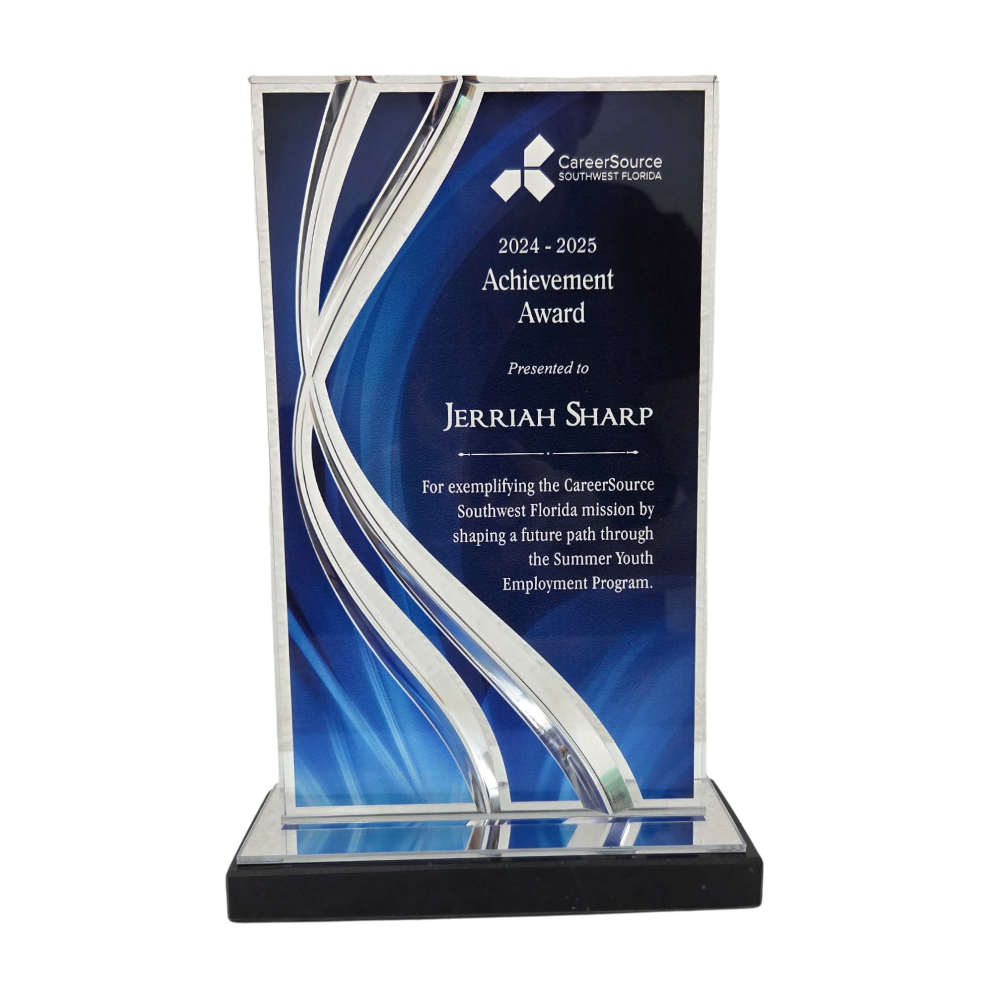 Blue Swirl Acrylic Award with Beveled Cutouts and Black Marble Base