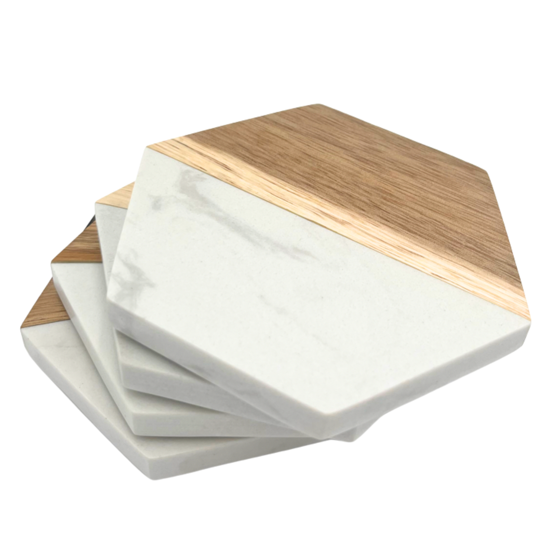 White Marble & Acacia Hexagon Coasters Set of 4