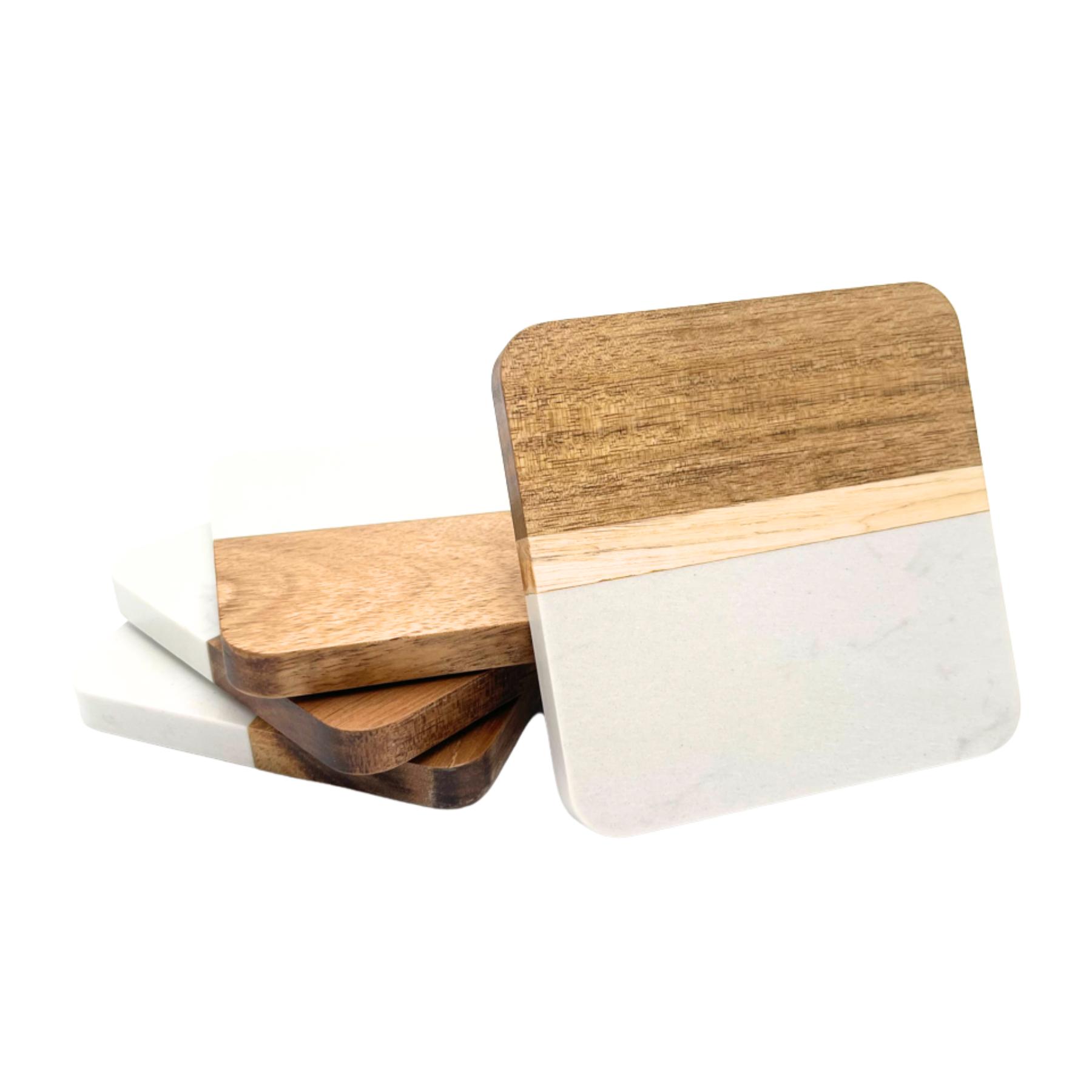 White Marble & Acacia Square Coasters (Set of 4)